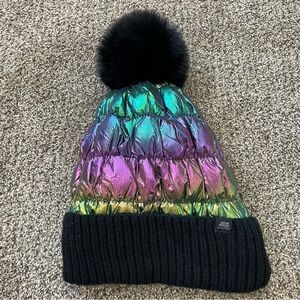 Justin Gregory Puffer Beanie Hat Oil Slick Metallic Colorway